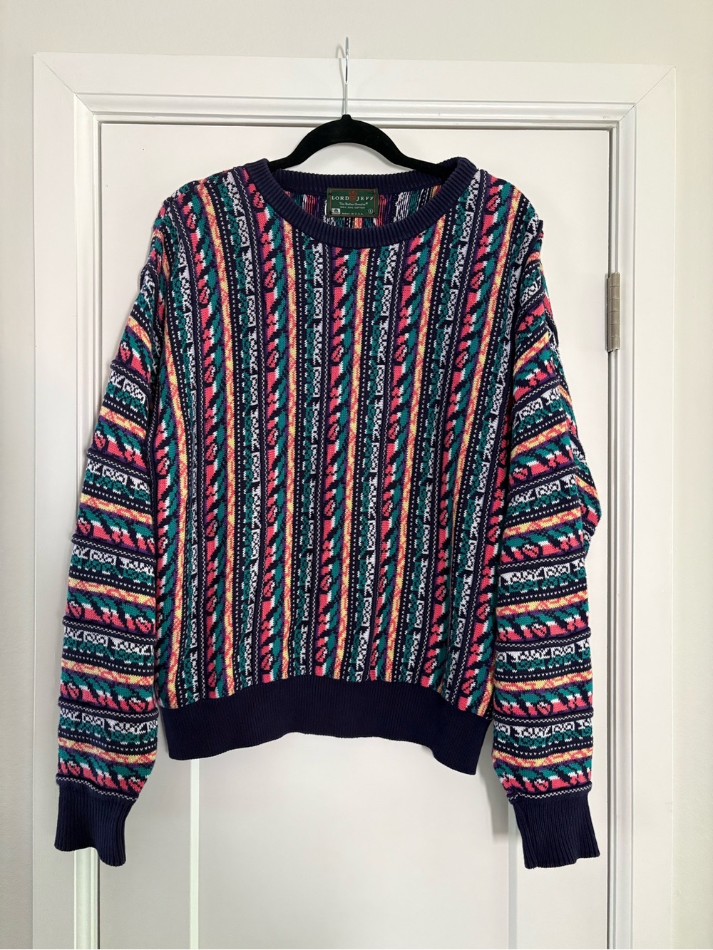 Vintage 90s Lord Jeff Multicolor Striped 3D Knit Sweater 100% Cotton Made in USA